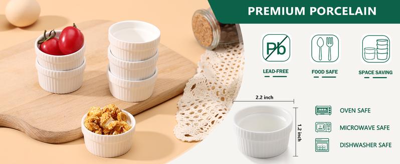 Mini Ramekins 1.5 oz, Vidalenta Dipping Sauce Cups, Tiny Ramekins Dip Bowl Porcelain Souffle Dish Set of 6, Small Ramekins Dessert Cups Small Bowls for Charcuterie Board, Microwave & Oven Safe, White