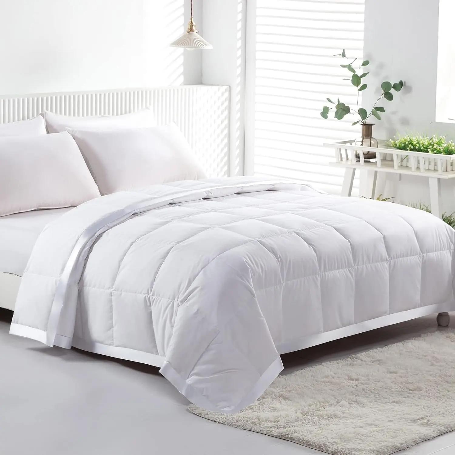 Lightweight Down  Fibers Blanket, Summer Cooling Down  Fibers Comforter Full/ Size, Ultra-Soft Breathable Thin Bed Quilt Duvet with Satin Trim(Full/, Cream White)