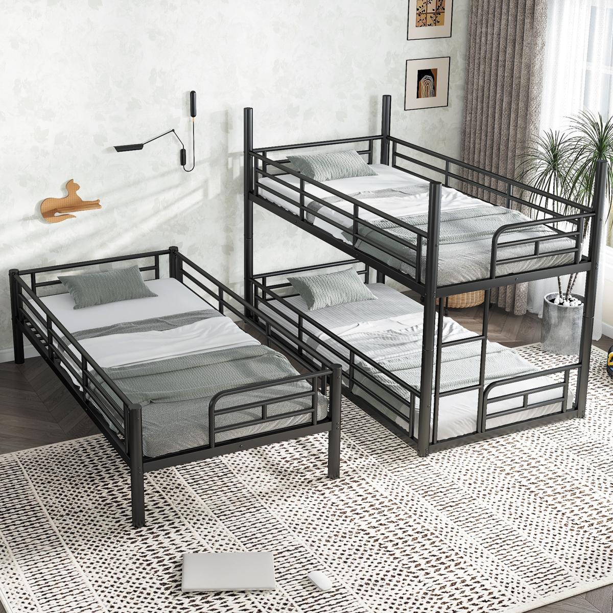 Twin/Queen Triple Bunk Bed, Metal Triple Bunk Bed with Safety Guardrails, Heavy-Duty Bunk Bed with Noise-Reduced Design – Black/White