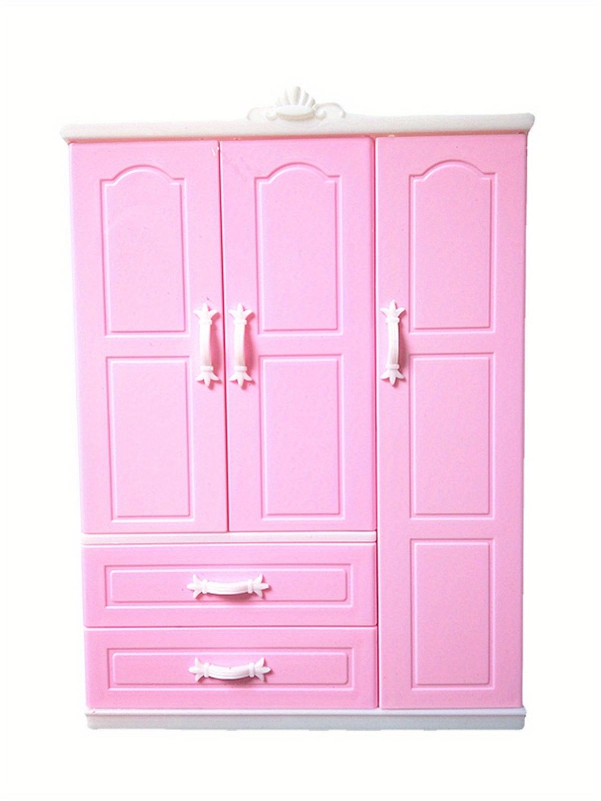 Pink European Style Mini Wardrobe with 2 Drawers and Hangers - Openable Dollhouse Storage Organizer, Durable Plastic, Fun Design, Decorative Storage