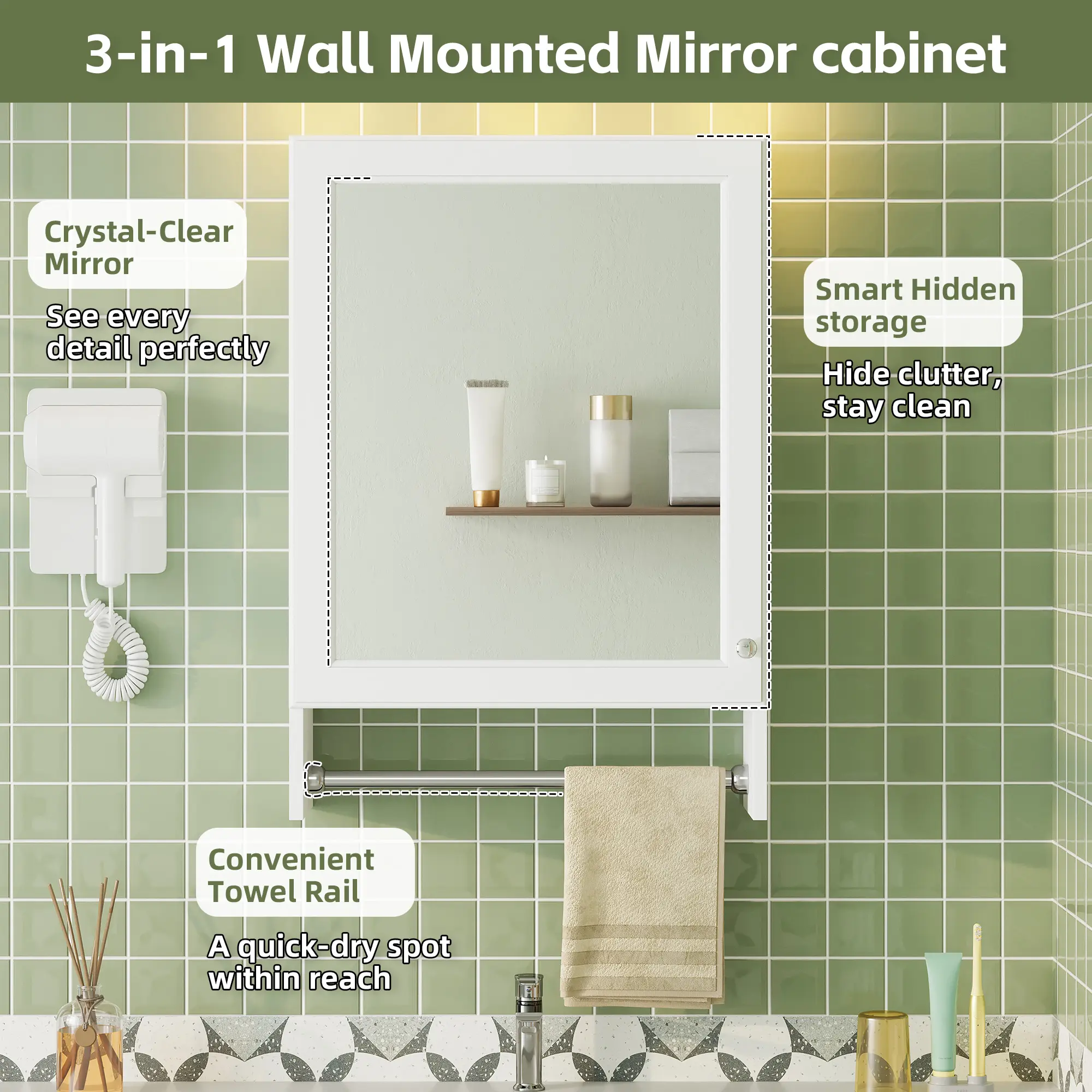 3-in-1 Bathroom Mirror Cabinet, 20-inch Wall Mounted Medicine Cabinet with Adjustable Shelf & Soft Close Door, High-Define Mirror with Storage for Bathroom Vanity
