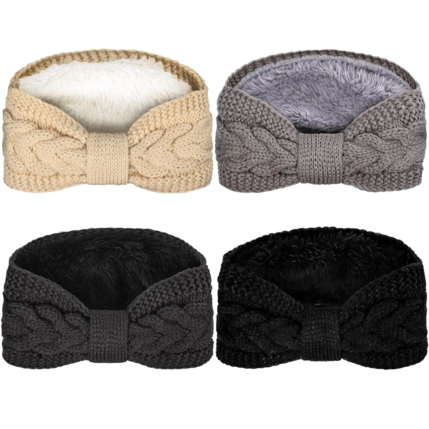 4 Pack Twisted Knit Headbands Winter Knotted Head Wraps Fuzzy Lined Headband Thick Crochet Turban Ear Warmer Elastic Hair Band Accessories  Women (Beige, Black, Grey)