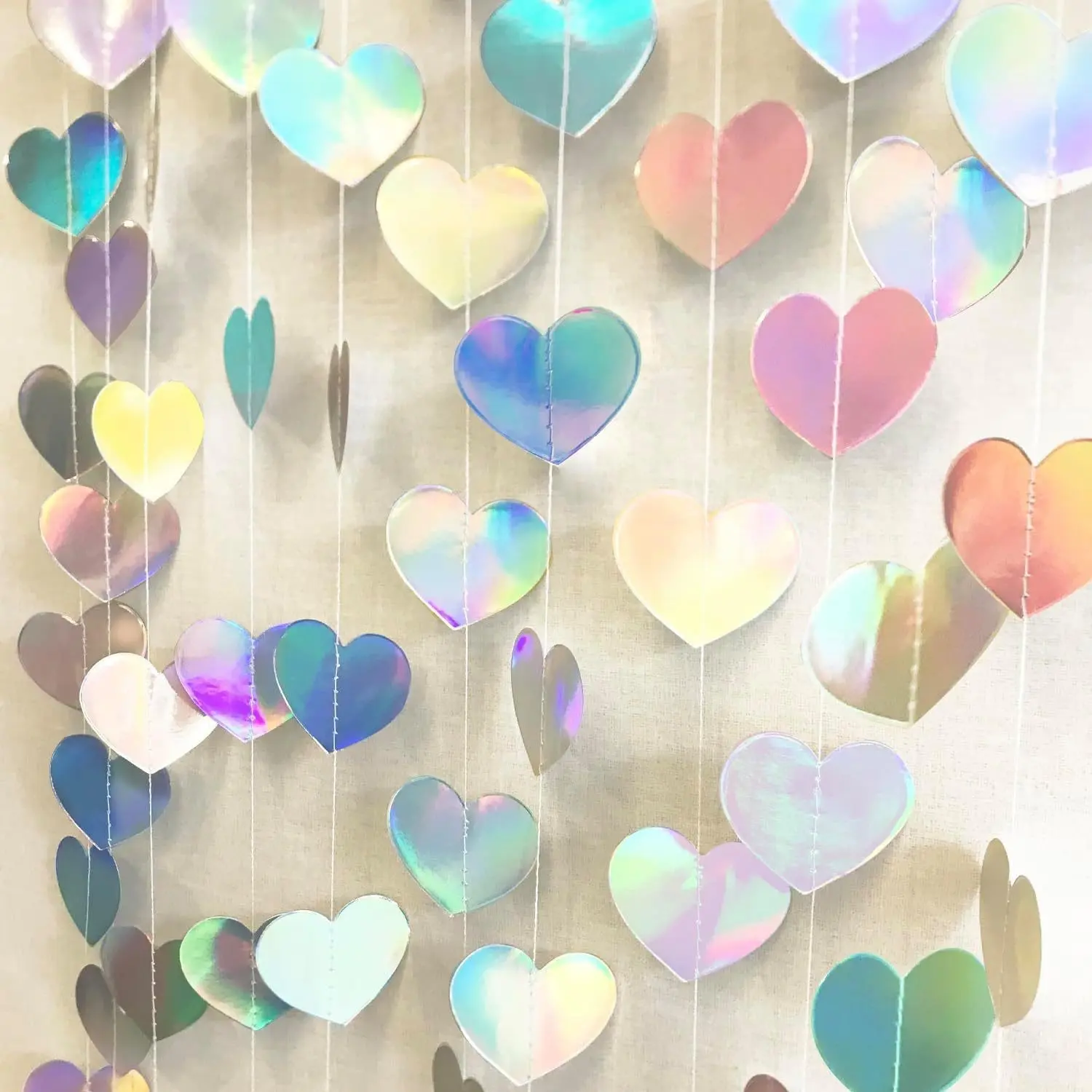Disco Holographic Party Decor Heart Set, 3 Pieces, 39ft Hanging Fringe Banner, Wedding Birthday Background, Reusable Holiday Decoration