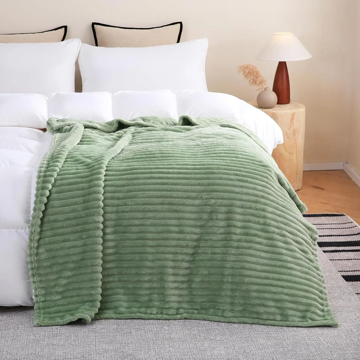 Sage Green Fleece Throw Blanket 50”×70” for Couch Sofa Bed,Super Soft Cozy Plush Microfiber Flannel Blanket with Stripes Design Lightweight for Adults,Woman