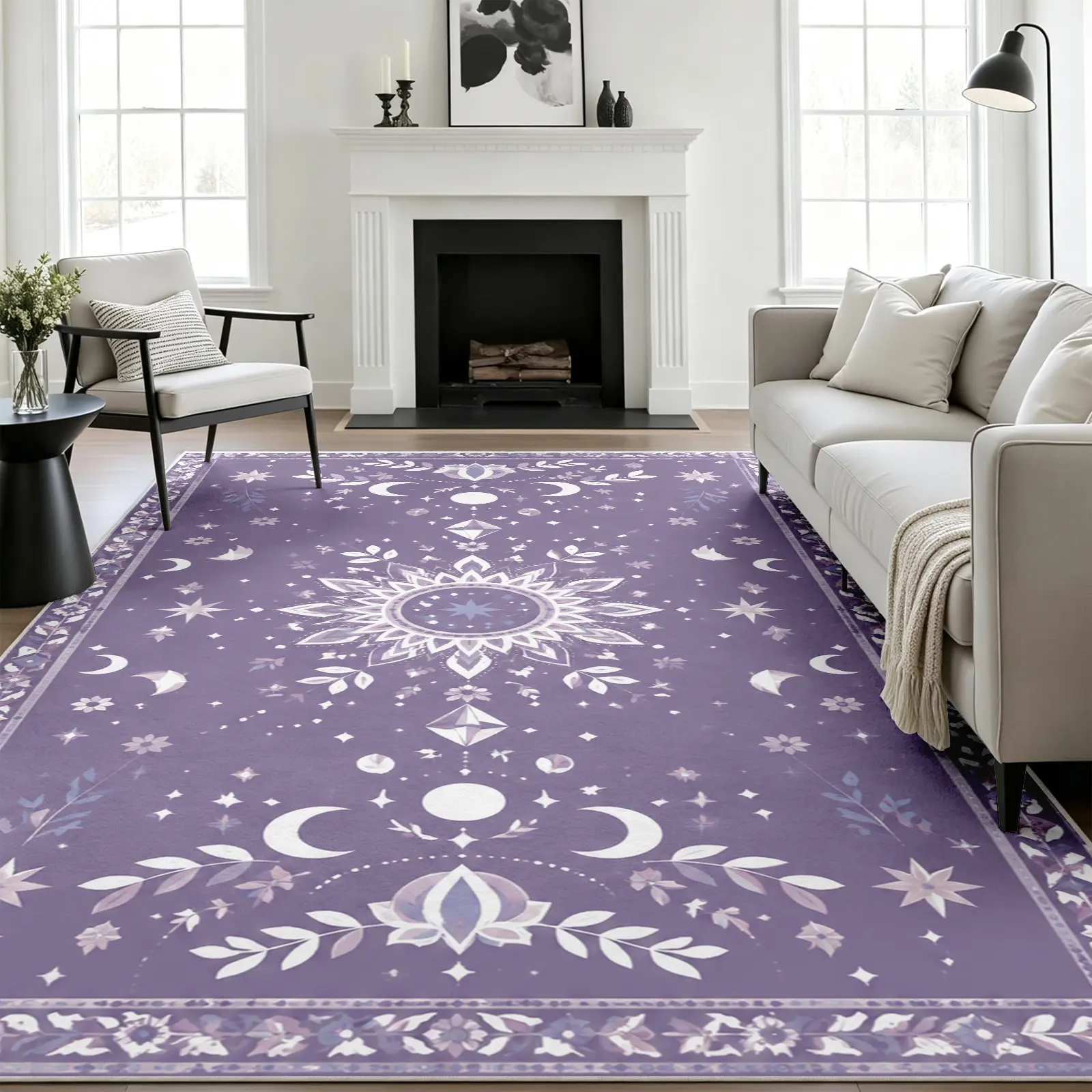 8x10ft Faux Wool Lavender Celestial Sun and Moon Area Rug - Ultra-Soft, Non-Slip Backing, Durable Edge, Machine-Washable, Stain-Resistant Indoor Floor Carpet for Living Room, Home Offices, Contemporary Home Decor with Celestial Motifs, Indoor Floors