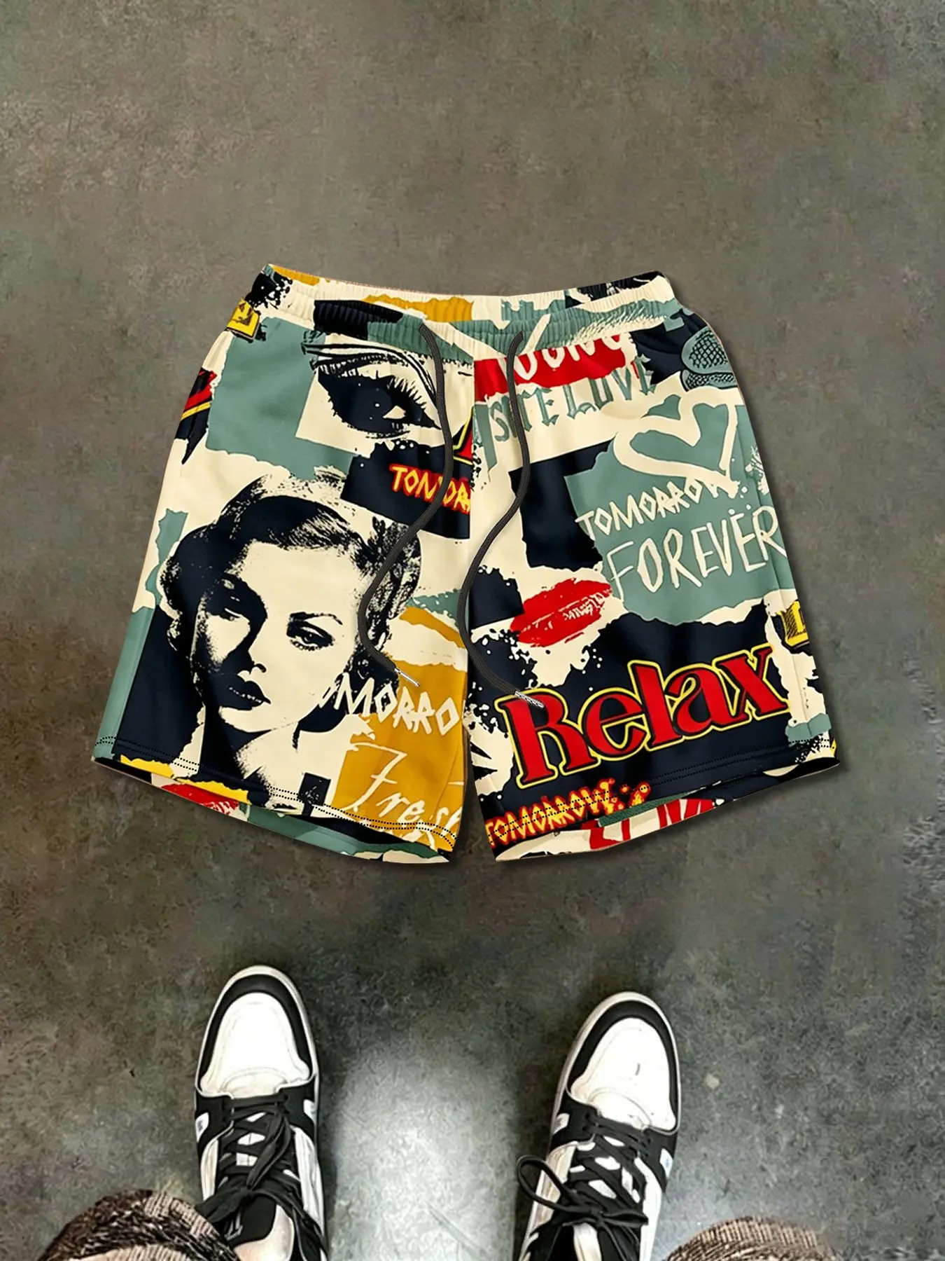 Retro pop art graffiti print men's casual streetwear shorts, drawstring loose shorts, Y2K, street, hip-hop, breathable, lightweight everyday wear, gym, beach, and street style, fashionable item 🔥