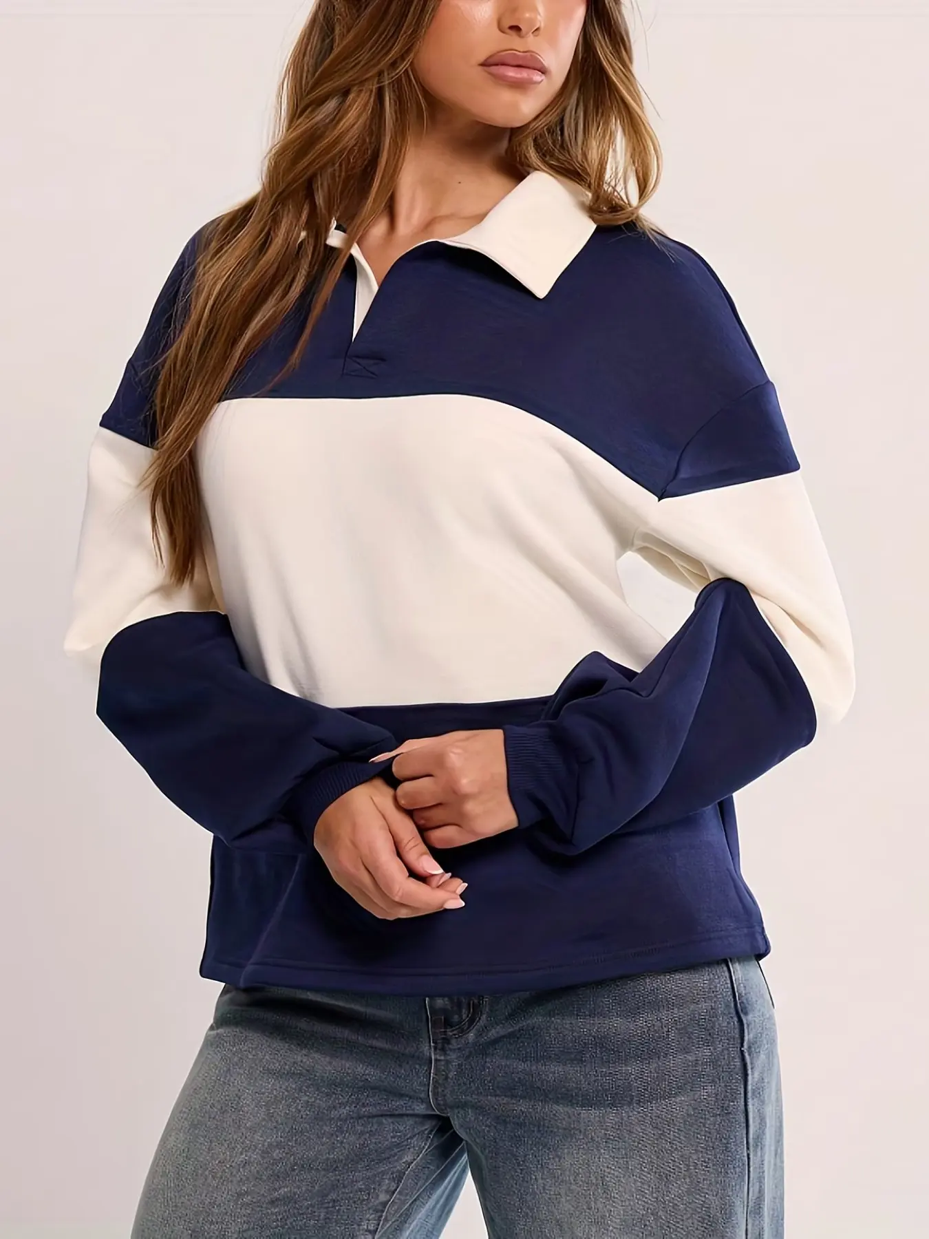 Women's Patchwork Sweatshirt with Collar, Comfortable Casual Wear for Fall & Winter, Fitted Style, Letter Pattern, Unlined