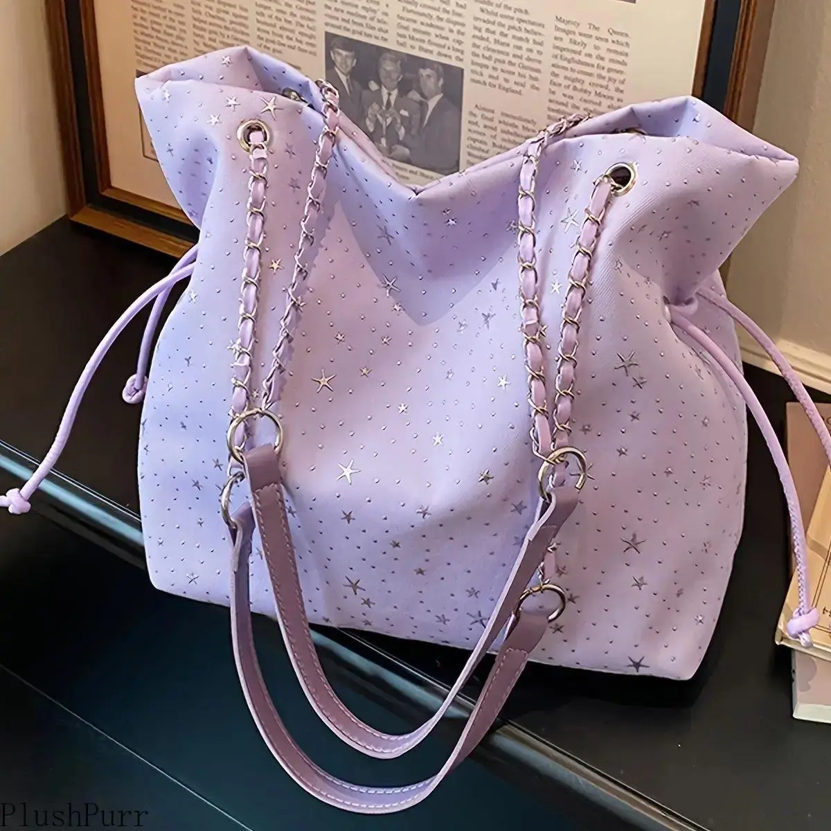 Ladies' new star pattern large-capacity casual trend sweet tote bag, multi-functional fixed shoulder strap solid color fashion handbag, suitable for daily commuting, work, travel and shopping, messenger bag cosmetic bag storage bag, important day gift bag
