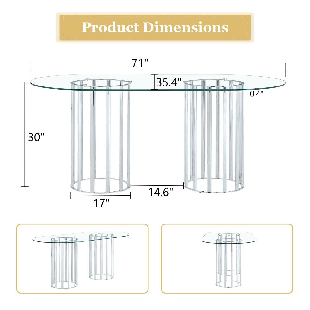71 inch oval tempered glass dining table,black double column light luxury style,tempered glass scratch resistant and easy to clean.Suitable for 6-8 people dining, modern light luxury restaurant table.