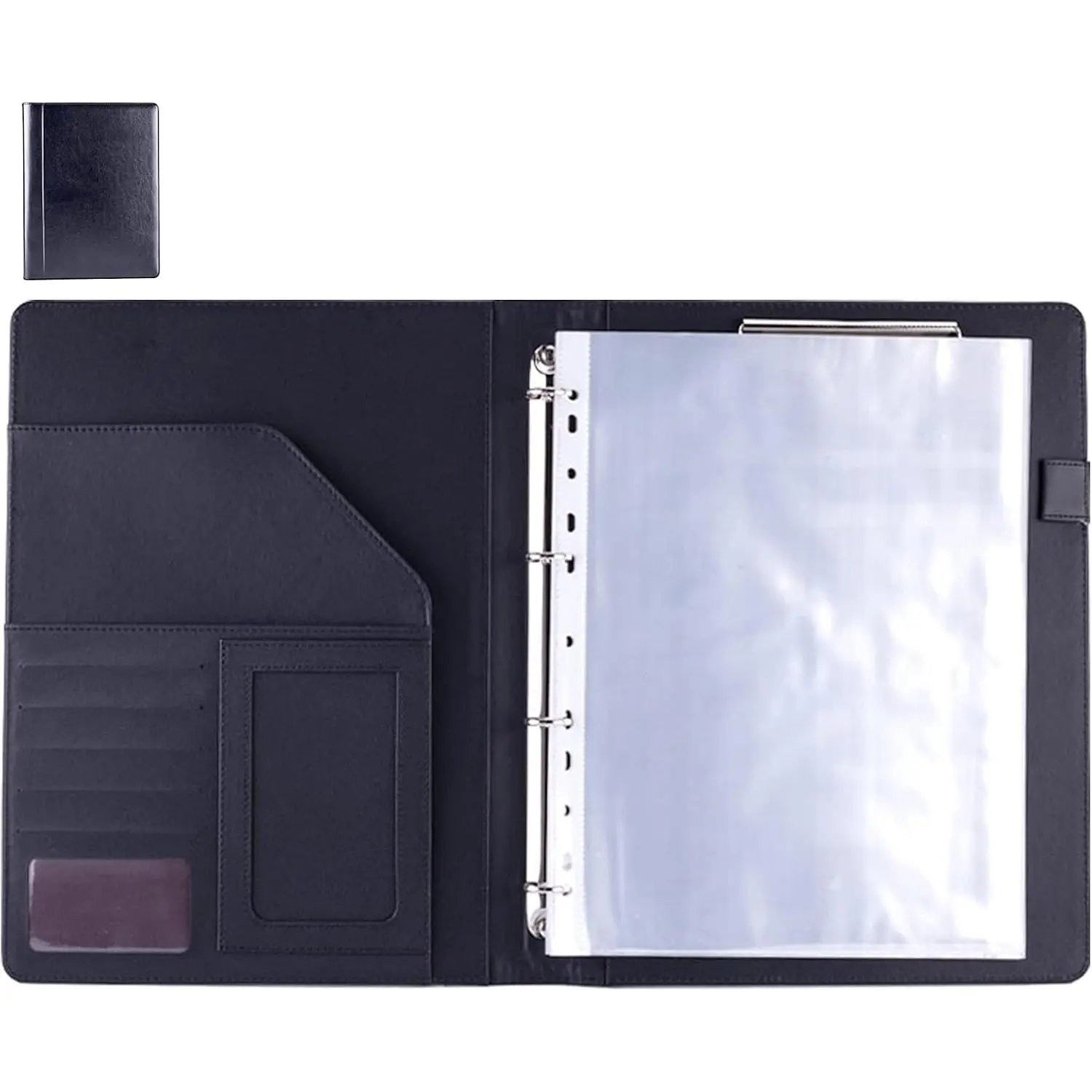 PU Leather Padfolio Ring Binder with Clipboard Resume Leather Portfolio with 20 Clear Plastic Sleeves Black