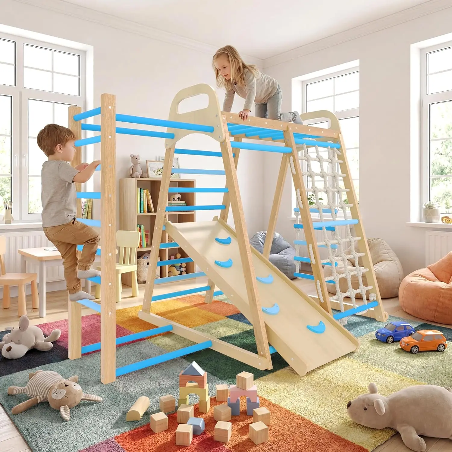 7-in-1 Jungle Gym Playset, Indoor Kids Wooden Climber Playset, Kids Indoor Playground Climbing Playsets