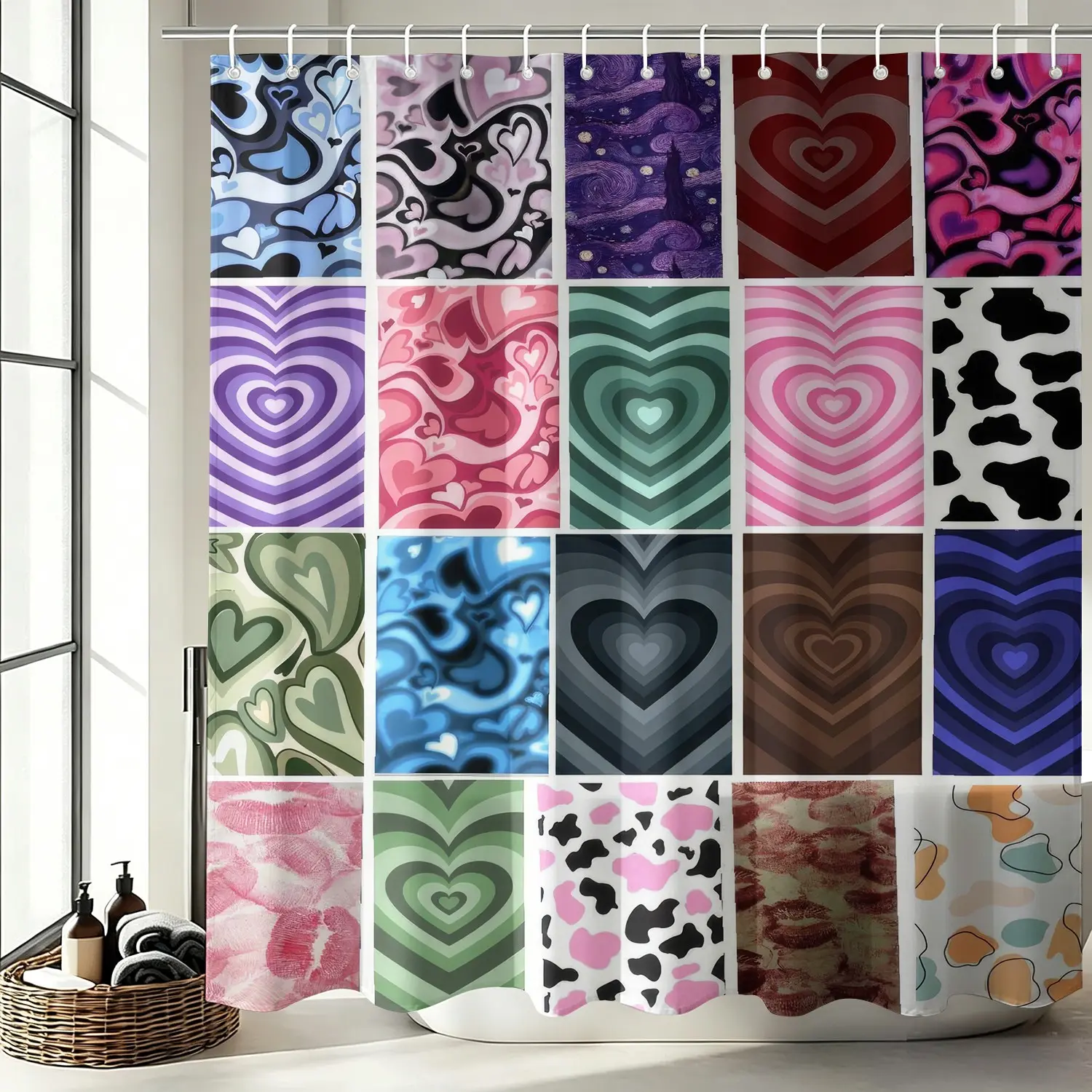 Millennial-Style Patchwork Shower Curtain with Heart and Cow Print and Red Lip Print; Waterproof and Privacy Bathroom Partition Curtain; Includes Hooks; Machine Washable and Easy to Clean; Suitable for Girly Dorm Rooms, Bedrooms, and Bathrooms.