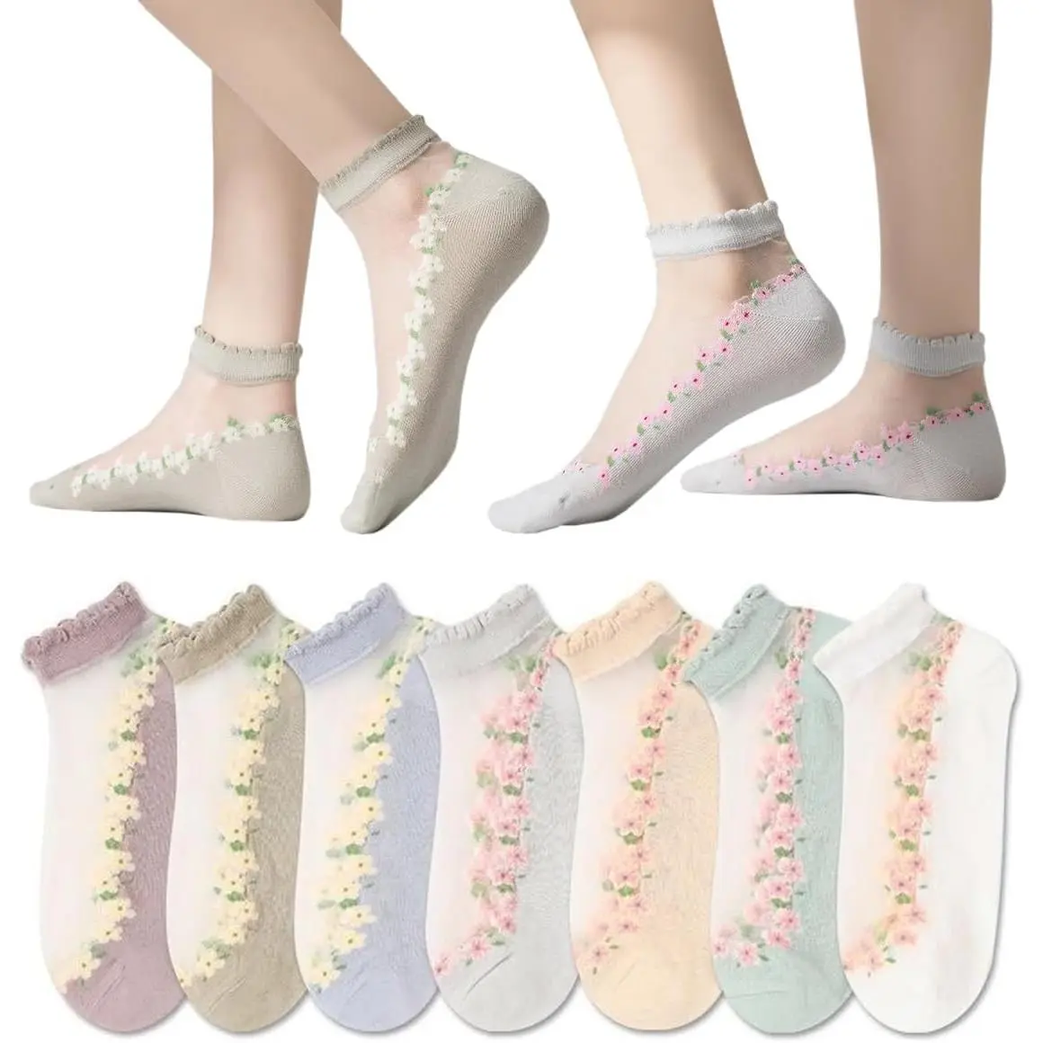 7 Pairs Women Sheer Socks Thin Floral Mesh Sheer Socks Summer Transparent Ankle Ruffle Sock  Women Girl New model