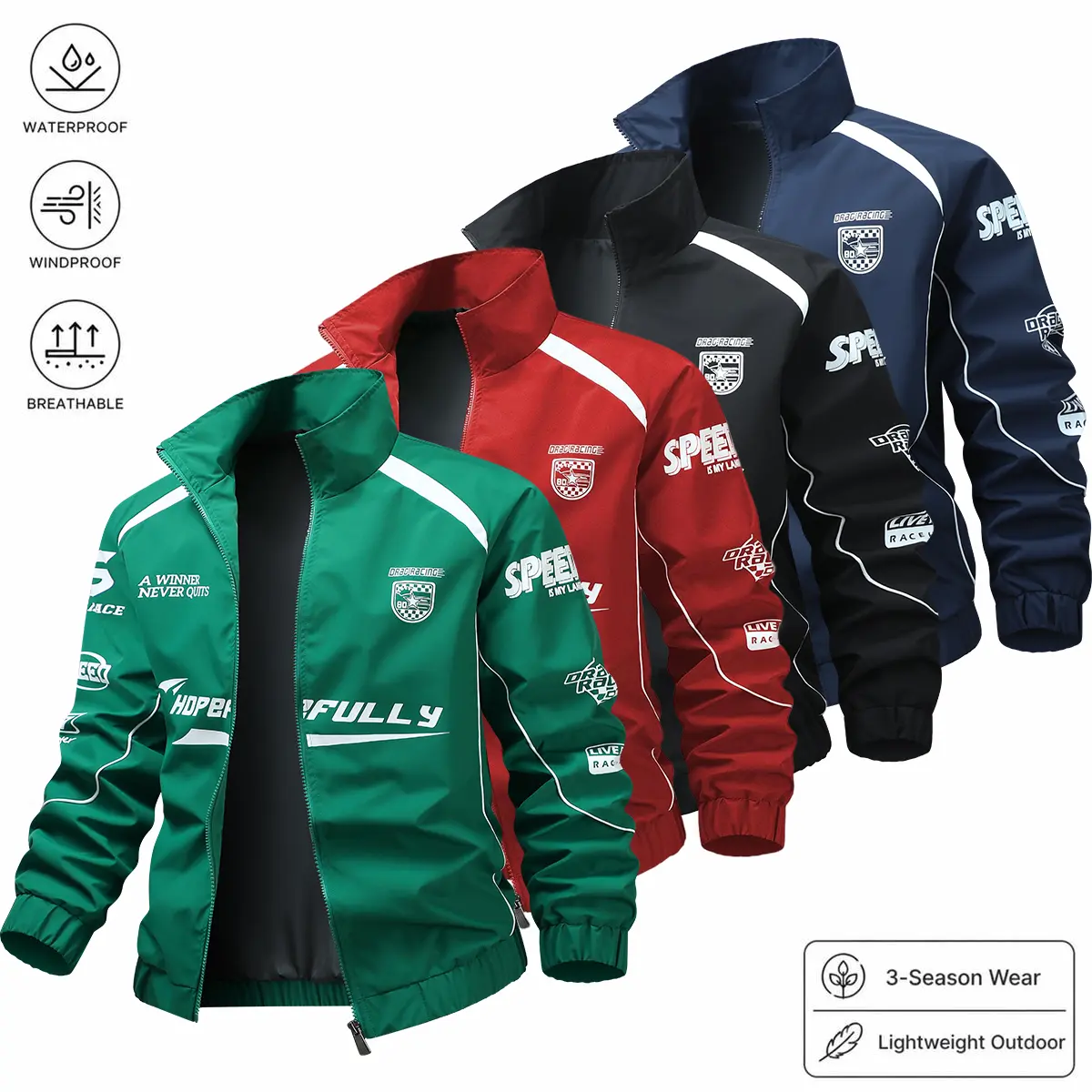 Men’s Motorcycle Racing-Style Stand Collar Waterproof Jacket - Windproof, Breathable, Color-Block Letter Print, Lightweight Fabric, 3-Season, Outdoor Cycling & Street Casual Outerwear