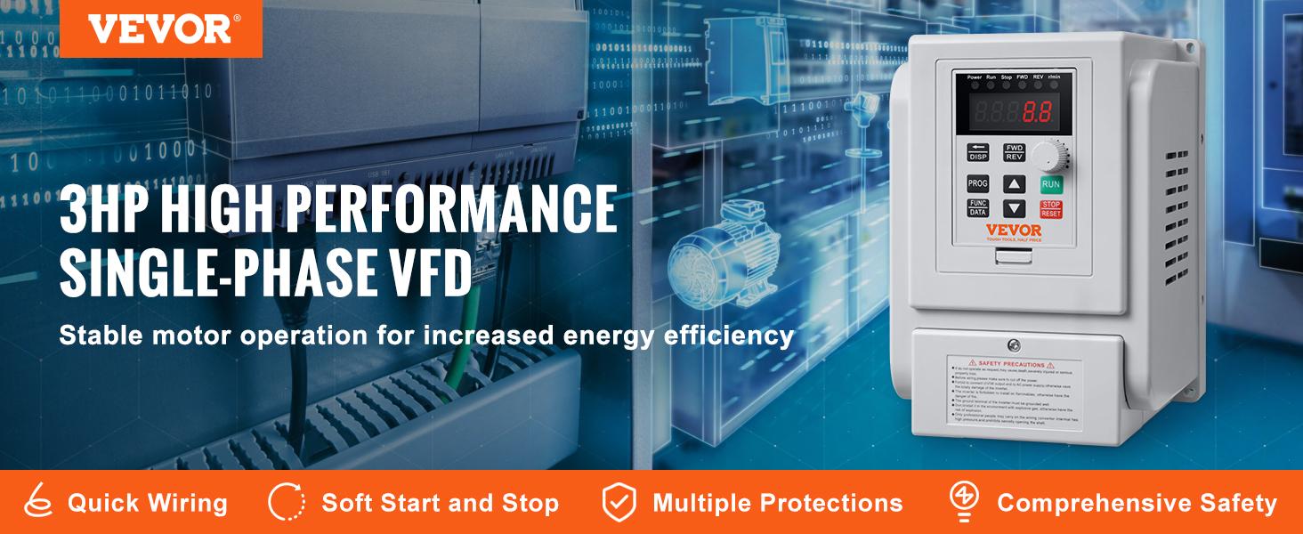 VEVOR VFD 3HP, 2.2KW, 10A, 1 Phase 220V-240V Input to 3 Phase 220V-240V Output Variable Frequency Drive, 0-400Hz VFD for AC Motor Speed Control