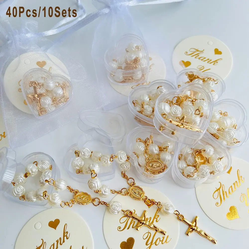 40pcs/10sets Christmas Gift Heart-Shaped Gift Box Mini Rose Rosary Multi-Item Party Gift Bag, Including 10 Rosary, 10 Bags, 10 Boxes, 10 Cards. For Christmas Gifts, Baptisms, Communions, Confirmations, Wedding Favors, Church Donations, Catholic Gifts