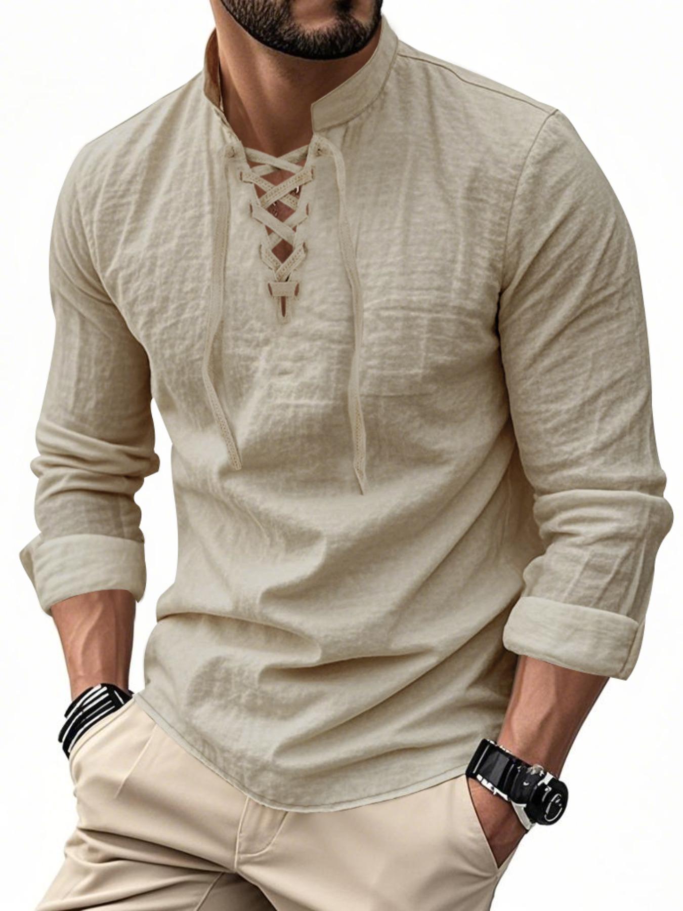 Men's Lightweight Breathable Linen Shirt, Drawstring Collar, Unique Design, Casual Plain Long Sleeve Polo, Perfect for Daily Commute Spring Fall Men's Clothing Men's Lightweight Breathable Linen Shirt, Drawstring Collar, Unique Design, Casual Plain Long Sleeve Polo, Perfect for Daily Commute Spring Fall Men's Clothing