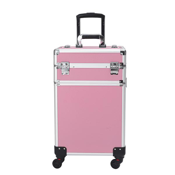 4 In 1 Aluminum Makeup Case Pink, Professional Cosmetic Storage Box for Makeup Tools Brushes and Accessories, Portable Beauty Organizer for Travel and Home Use