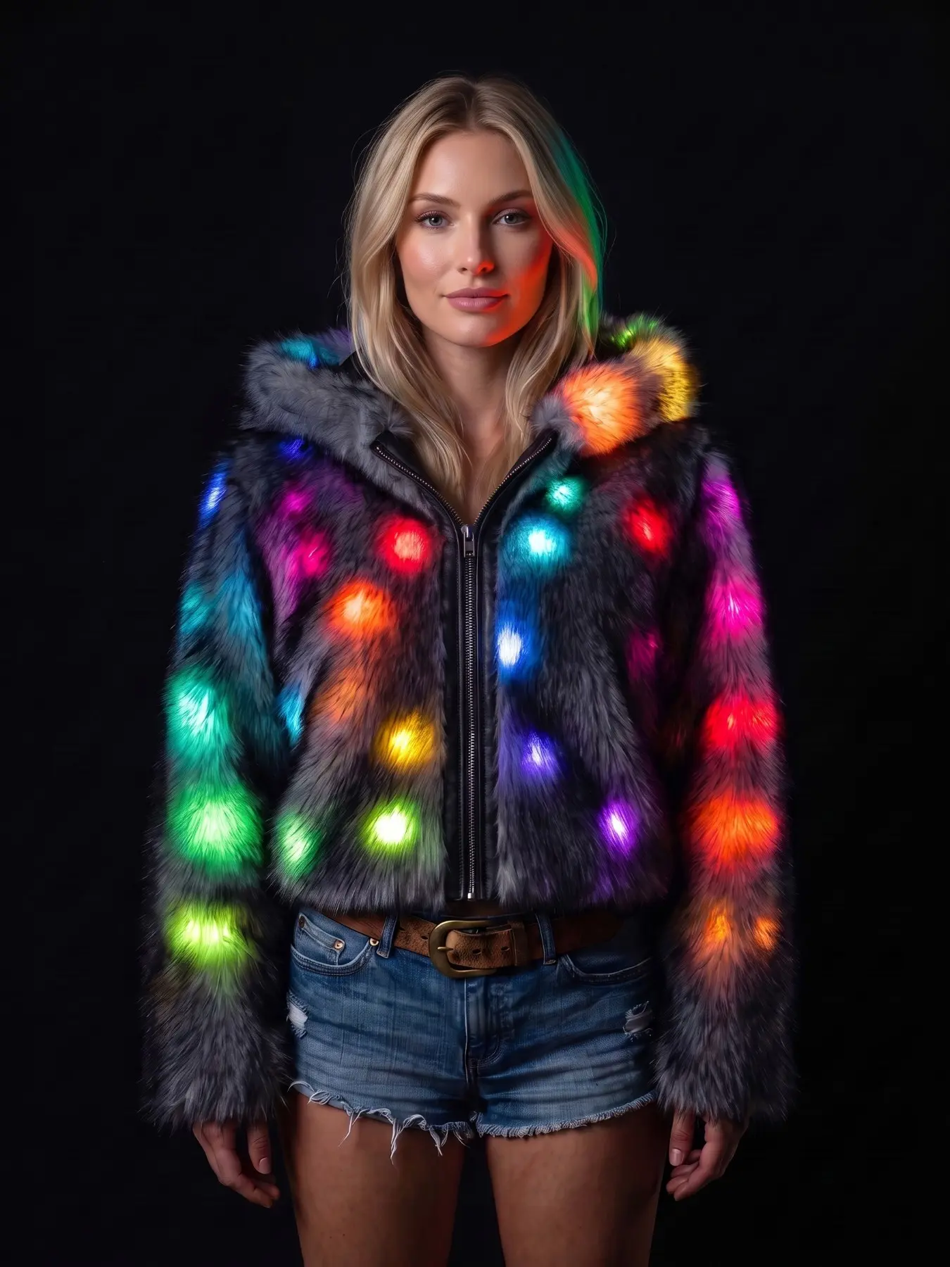Women's Long‑Sleeve Faux Fur Light‑Up Coat, App‑Controlled LED Lights, Battery Not Included, Fall Winter Fashion Outerwear, Versatile for Daily Wear, Christmas Halloween Cosplay & Stage Performance Costume