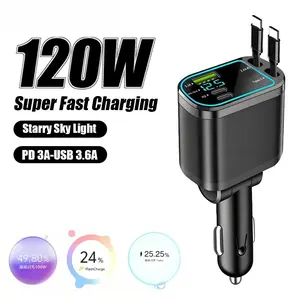 Retractable Car Charger 5-IN-1  cargador  Fast Charging Cable with Star Light USB PD Port Type-C Power para  Adapter Phone Chargers auto