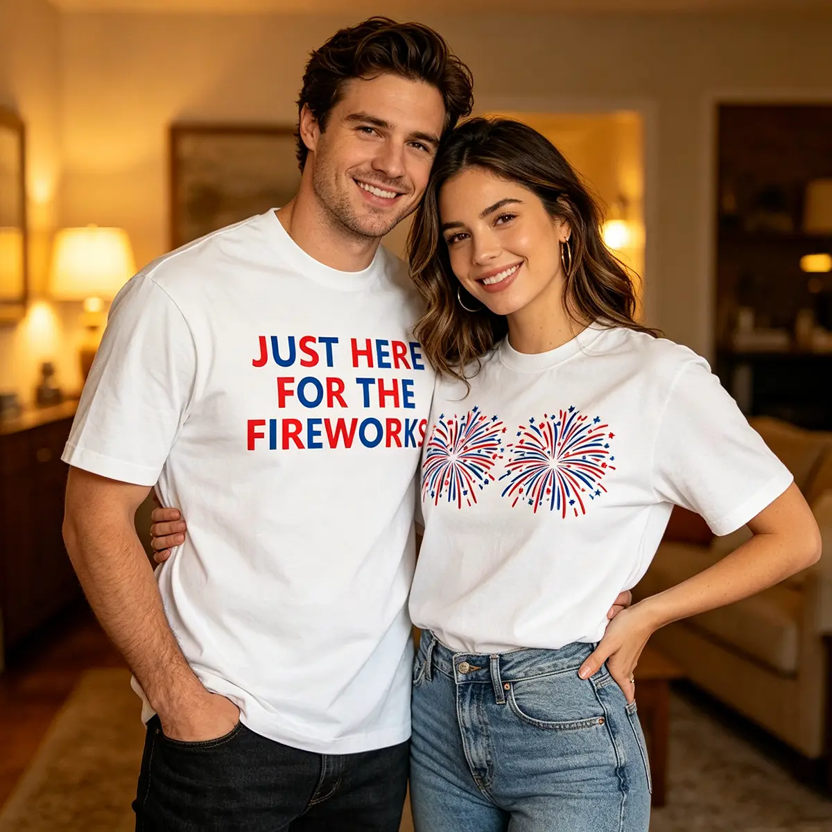 Men's & Women's 4th of July Patriotic Couple Matching T-Shirts Set, Essential Short-Sleeve Round Neck Comfortable 2-Piece Outfit with Men's Letter Print & Women's Firework Graphic for Everyday Wear, Shortsleeve, Breathable, Casual, Fabric, Cotton, Women's