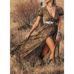 2026 New Women'S Bohemian Waist Floral Print Pendulum Dress