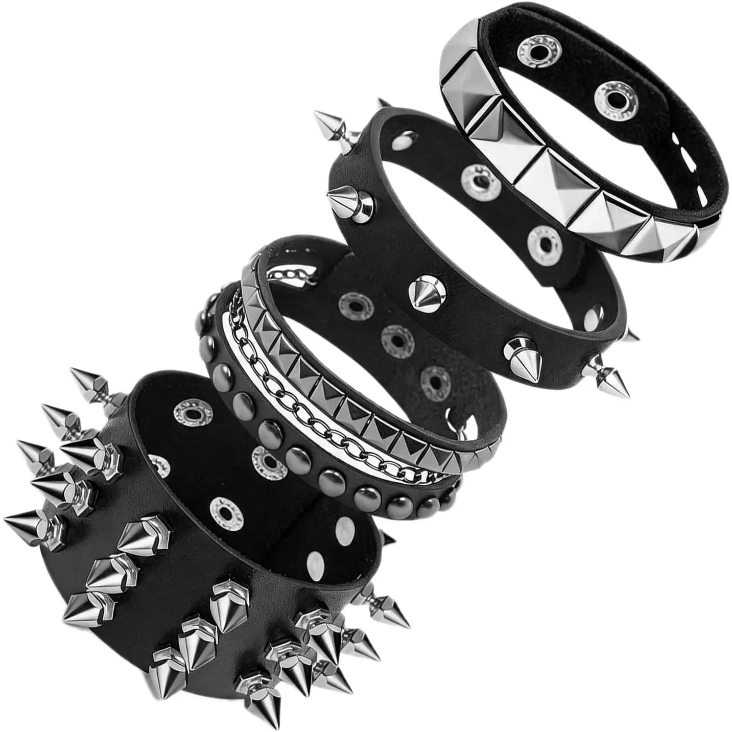 4 count Edgy Punk Bracelets Set, Leather  Punk Rock Spiked Studded Bangle Cuff Bracelets Alternative Wrist Bands for Women Men Biker Rockers Fashion Accessories