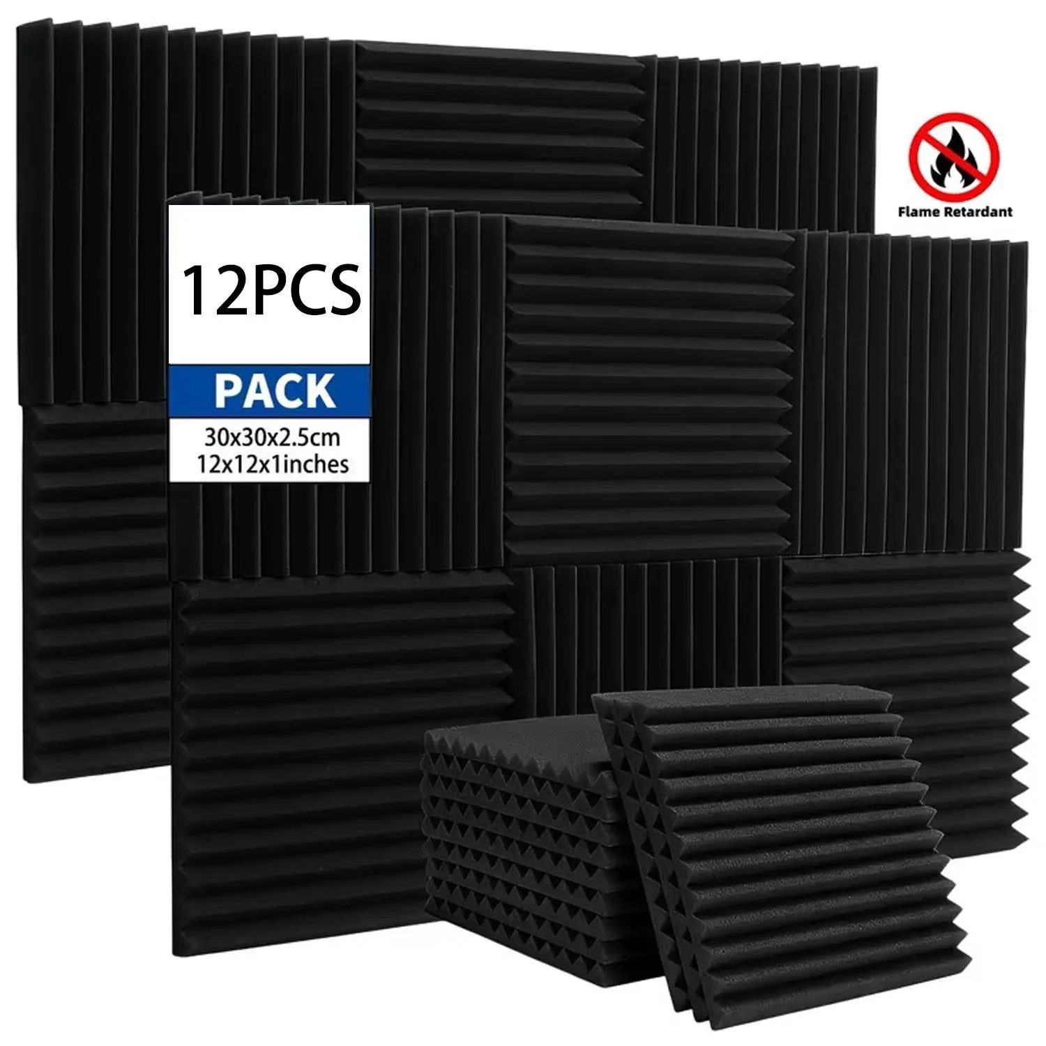 Latest 12-piece black soundproof foam board, high-density flame-retardant pyramid sound-absorbing cotton, soundproof board, suitable for acoustic spaces such as piano rooms, dance rehearsal rooms, etc., soundproof wall panels, home theater.