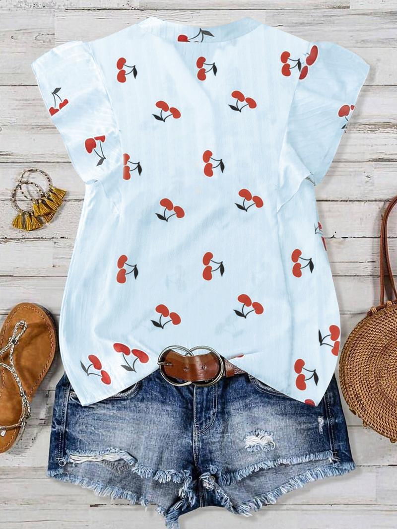 【Plus Size】 Cherry Print Blouse, Casual Short Sleeve Top for Summer, Women's Plus Clothing for Daily Wear