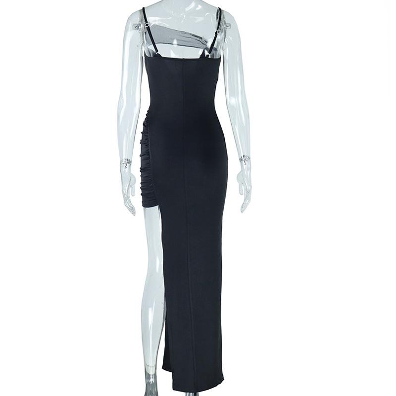 Sexy hollow dress with mesh splicing, mid-length slit bodycon skirt, solid color pullover dress, evening gown