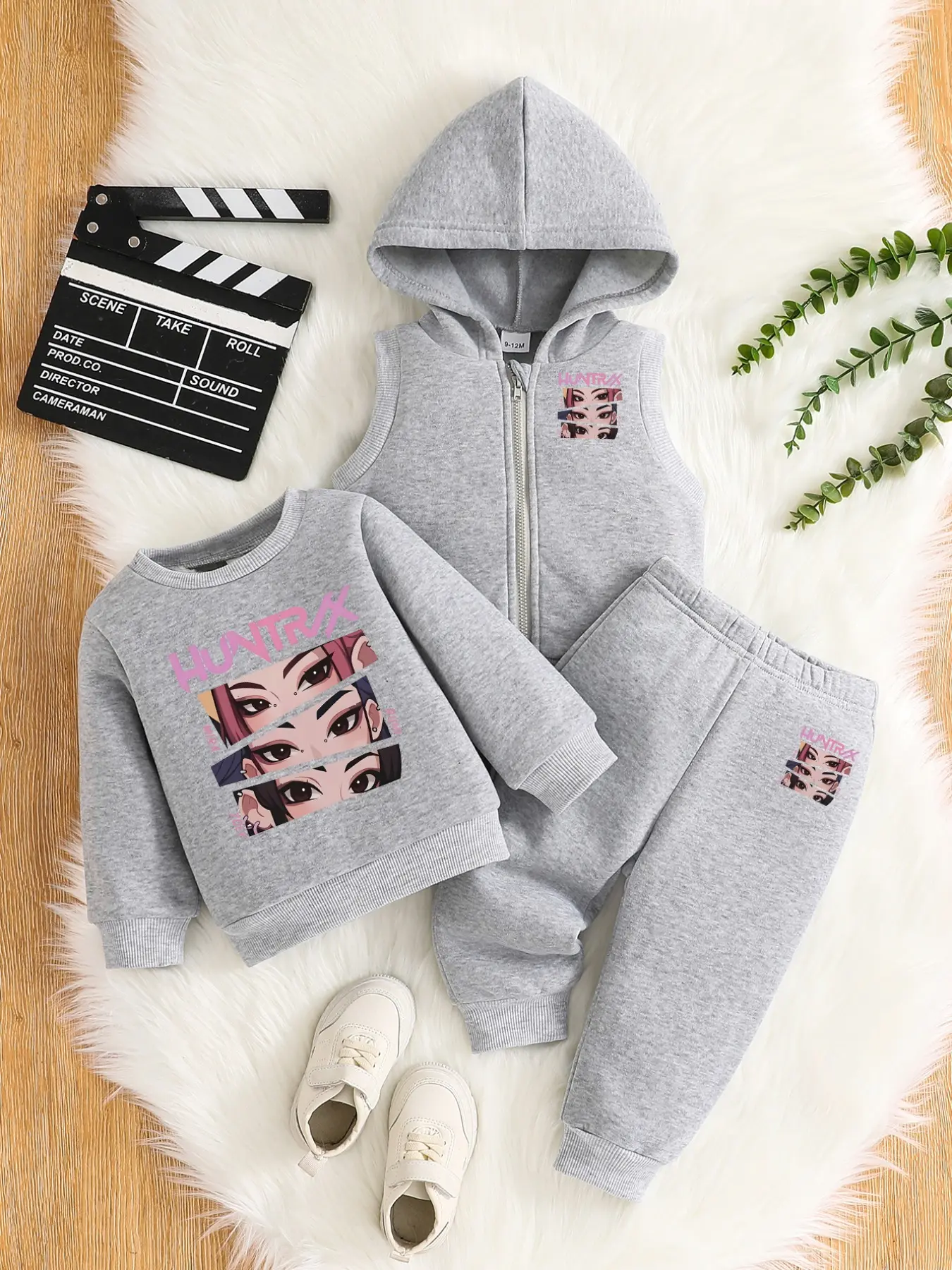 Girls' 3-Piece Huntrx Anime Sport Set, Long Sleeve Crew Neck Tee + Zipper Hoodie + Drawstring Pants, Fall Winter for Kids Under 8 Years