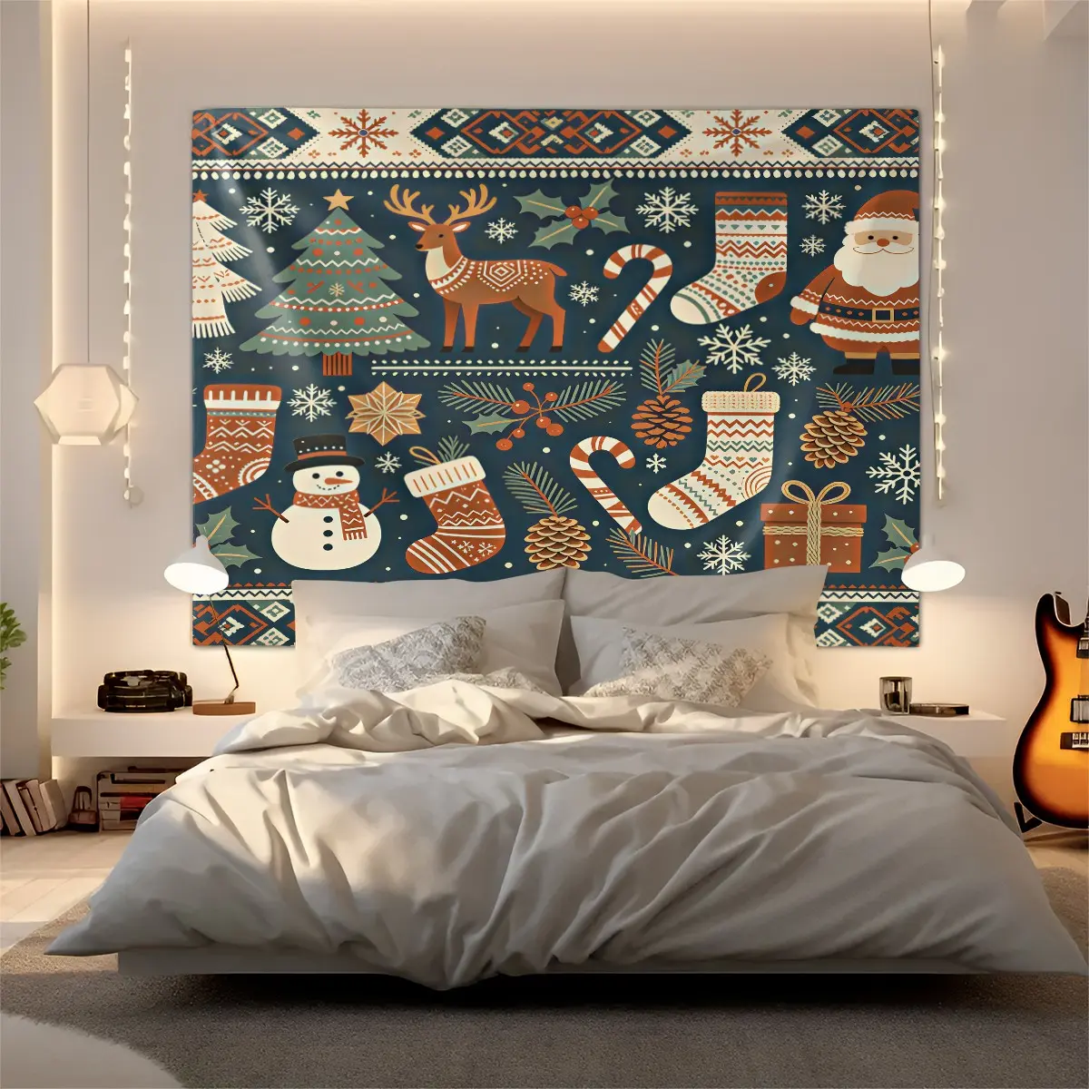 Christmas Tapestry Wall Hanging, Ethnic Cookie Clay Town Cross Stitch Golden Line Hand Drawn Print, Festive Aesthetic Wall Decor For Living Room Bedroom Dorm Home Xmas Decoration