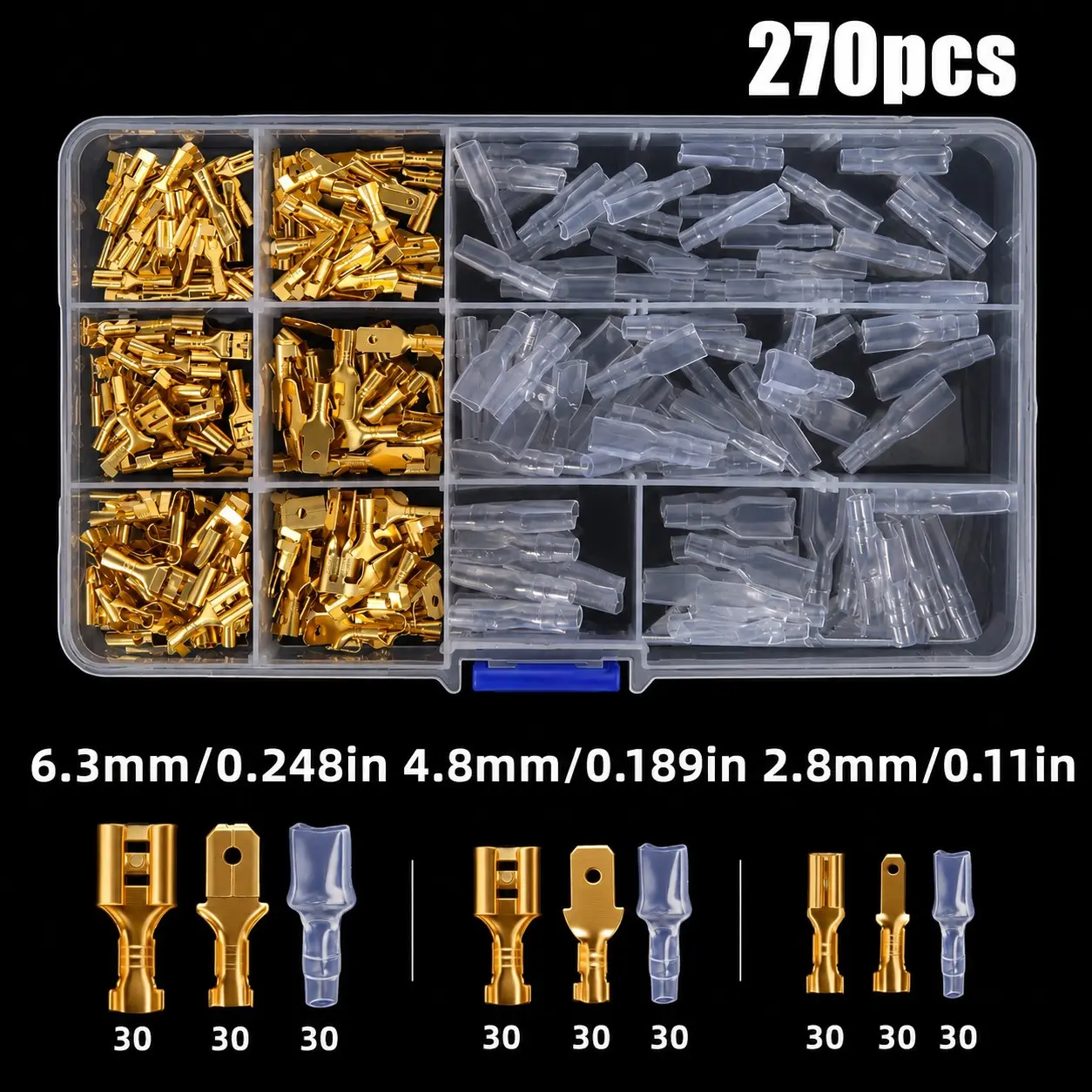 270 Pcs Quick Connect Terminal Block Connector, 2.8/4.8/6.3mm Male Female Wire Spade, Crimp Terminal Block with Insulating Sleeve Kit