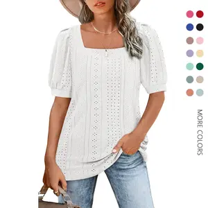 Women's Basic Eyelet Loose-Fitting Shortsleeve T-Shirt - Square Neck Pleated Tunic Blouse, Minimalist Lady Clothes for Blue Jeans Pairing, Casual Tops S-2XL