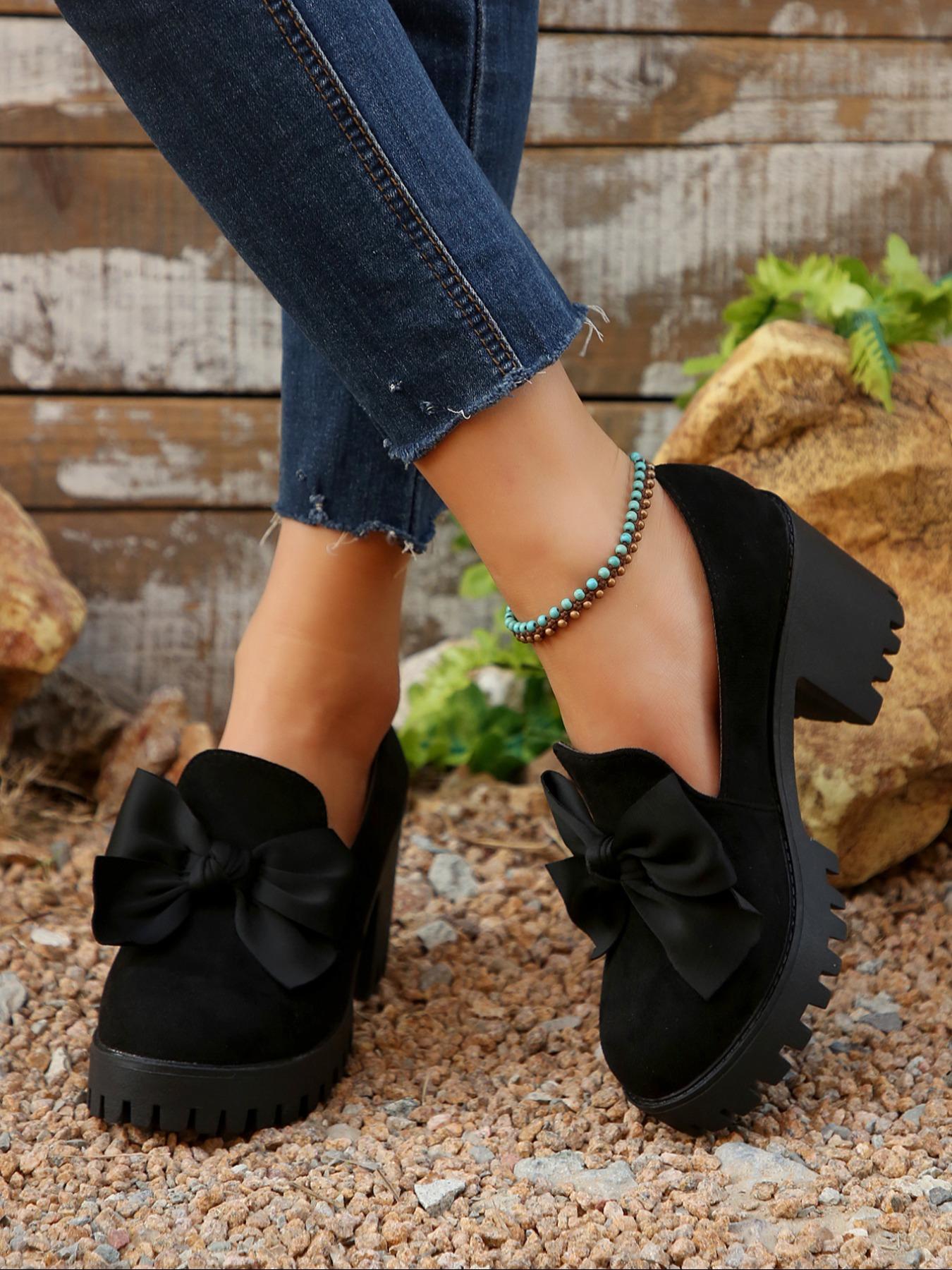 Women's Fashion Bow Design Slip-On Platform Loafers, Casual Fall Winter Shoes, Comfortable Round Toe Daily Wear, Thick Sole Leather Boots