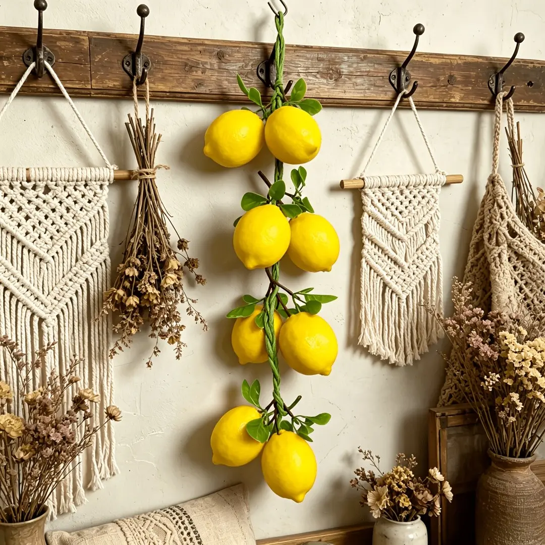 Artificial Hanging Lemon String with 8 Fruits & Leaves Foam Fake Lemon Garland Farmhouse Home Restaurant Photo Prop