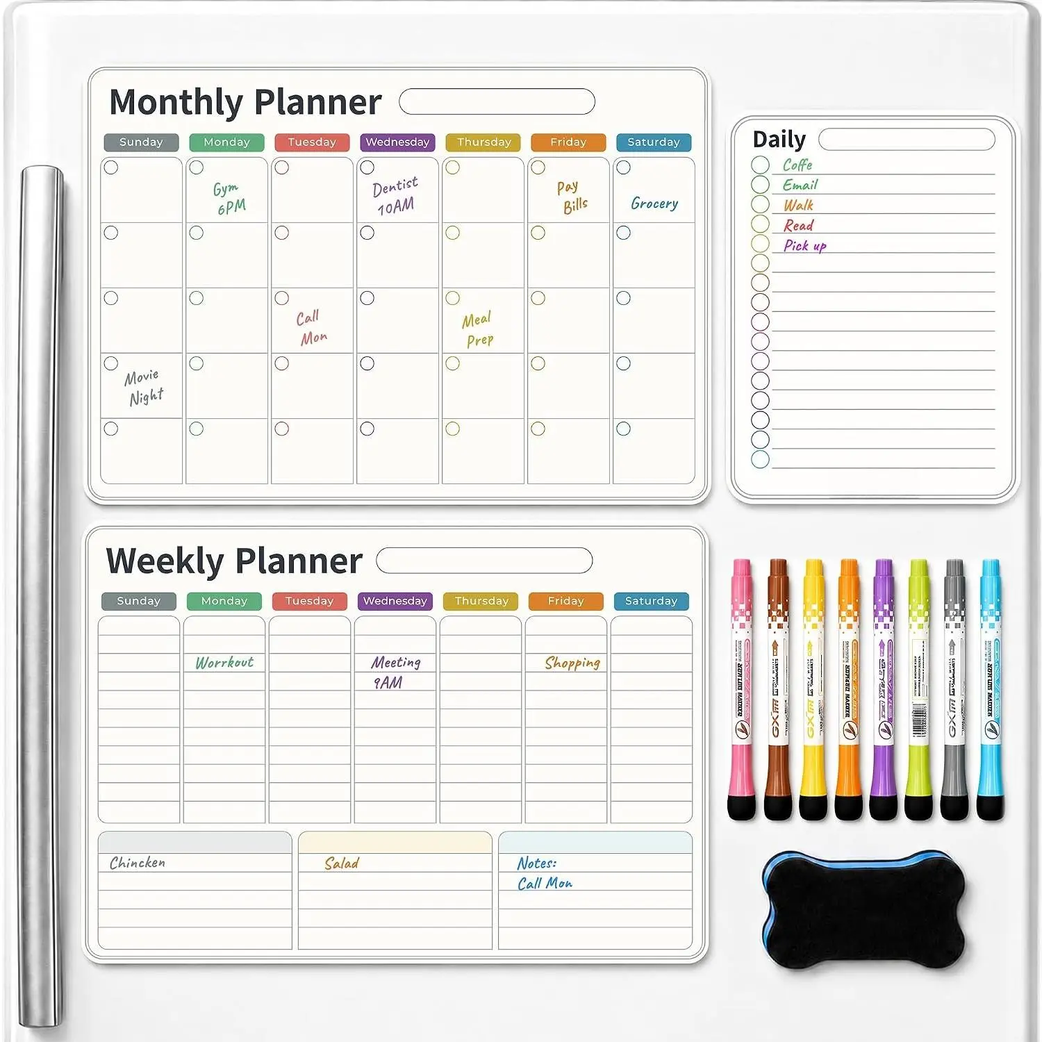 Calendar for Refrigerator, Fridge Calendar 3-Pack | Monthly Weekly Daily Dry Erase Calendar Planner Set with Nano-Tech Surface, 17"x12"  Whiteboard, 8 Markers & Eraser