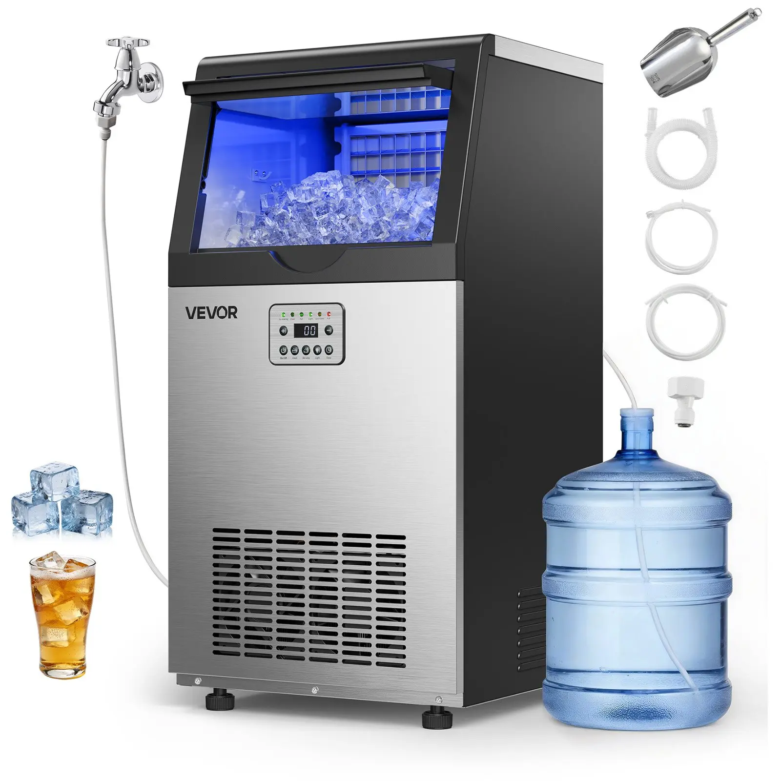 VEVOR Commercial Stainless Steel Ice Maker Machine, 120 lbs/24h Production, 30 lbs Storage Capacity, Built-in/Freestanding/Under Counter, LED Display, Self-Cleaning, for Home Bar Restaurant