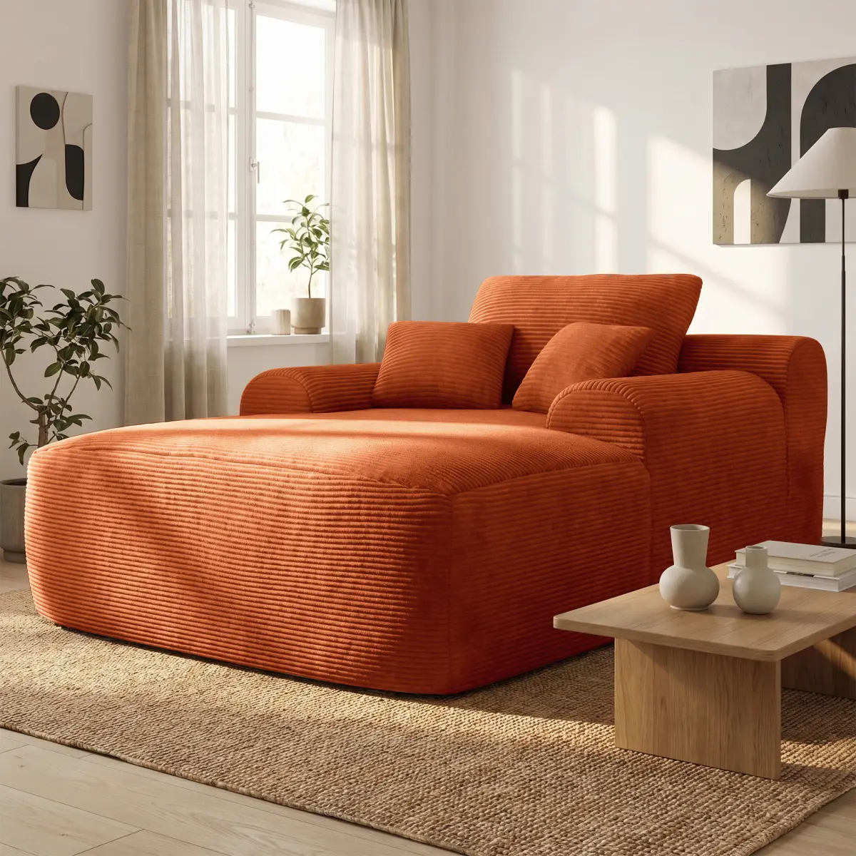 65" Oversized Boneless Chaise Lounge Chair Indoor, Corduroy Upholstered Sofa Couch Bed, Deep Seat Cloud Sleeper Reading Chair for Living Room Bedroom, No Assembly Required, Orange