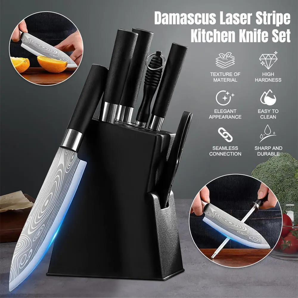 7PCS Kitchen Knife Set Japanese Damascus Pattern Chef Knives Stainless Steel Cleaver, High Carbon Kitchen Knife Set with Block & Sharpener#DealsForYouDays