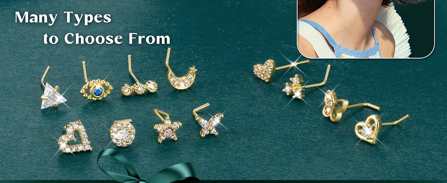 YADOCA Gold Nose Rings Studs for Women - 20G Surgical Steel Nose Ring L Shaped Nose Piercing Jewelry Hypoallergenic CZ Heart Nose Studs Silver Rose Gold 16Pcs