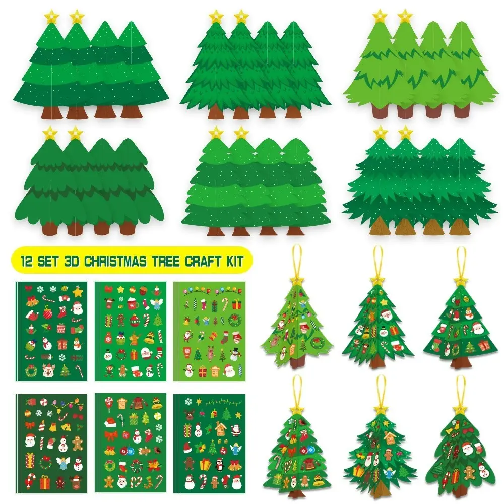 12-Piece DIY Christmas Tree Ornament Set, 3D Dual-Sided Handmade Card Stickers, Includes 24 Base Cards, 24 Stickers, 12 Lanyards, Perfect Gift