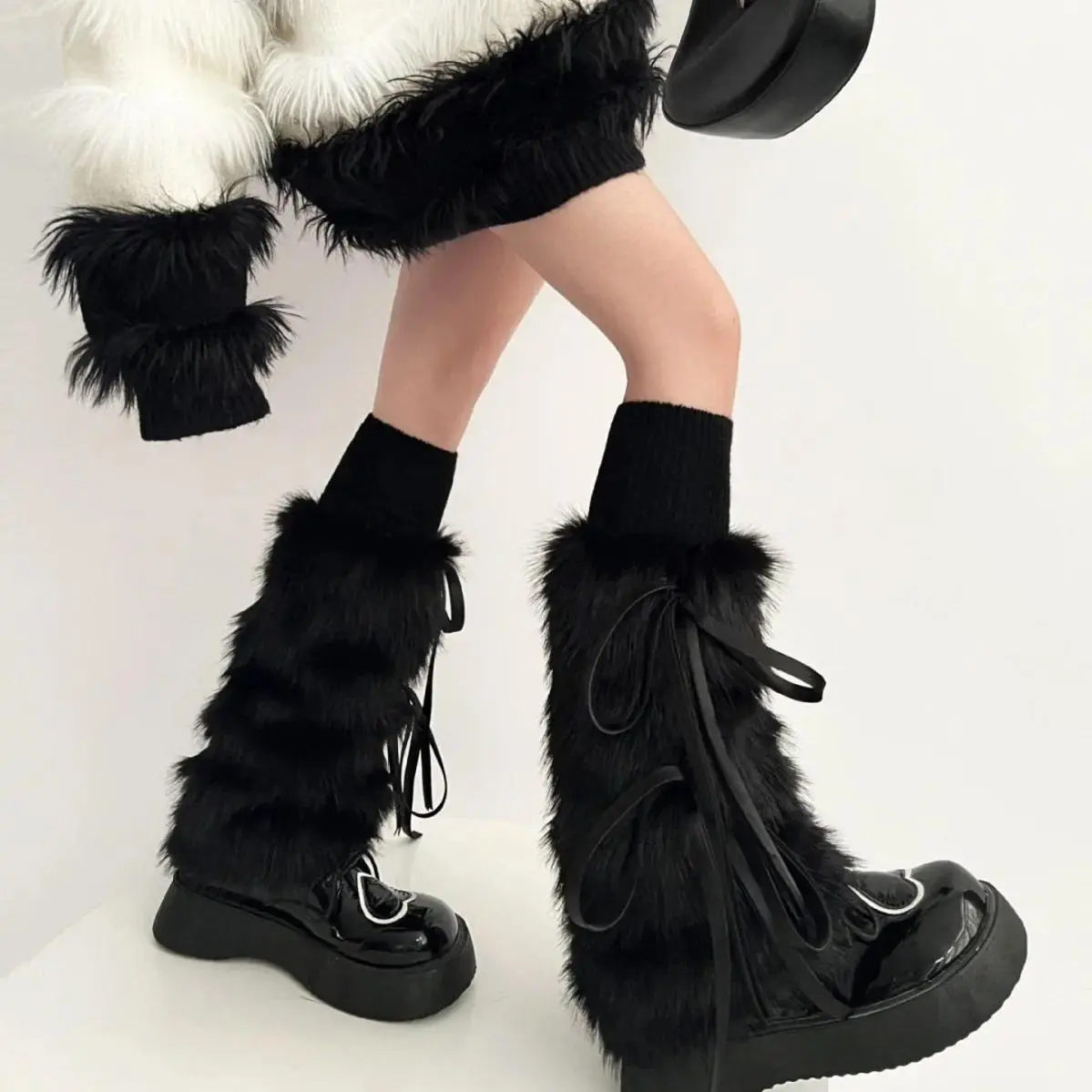 Women's Gothic Punk Black Imitation Rabbit Fur Leg Warmers, Thickened Bow-Accented Leggings Boots Cover, Pair Pack Harajuku Party Accessory, Socks