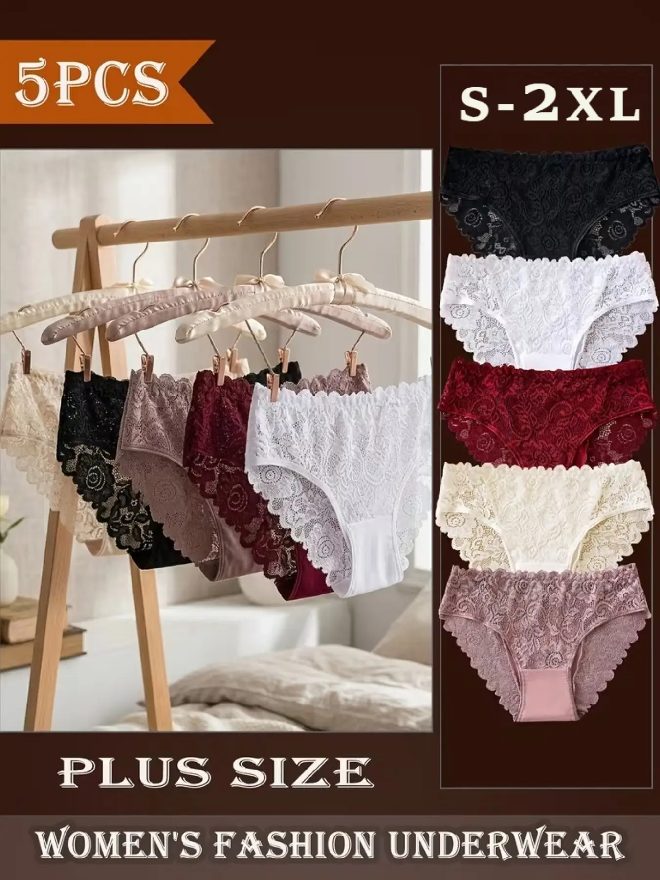 5pcs of Women'S Underwear in Sizes S-2XL, Featuring High Elasticity, Softness, Breathability, And Elegant Solid Colors with Floral Lace Patterns, Perfect for Everyday Wear