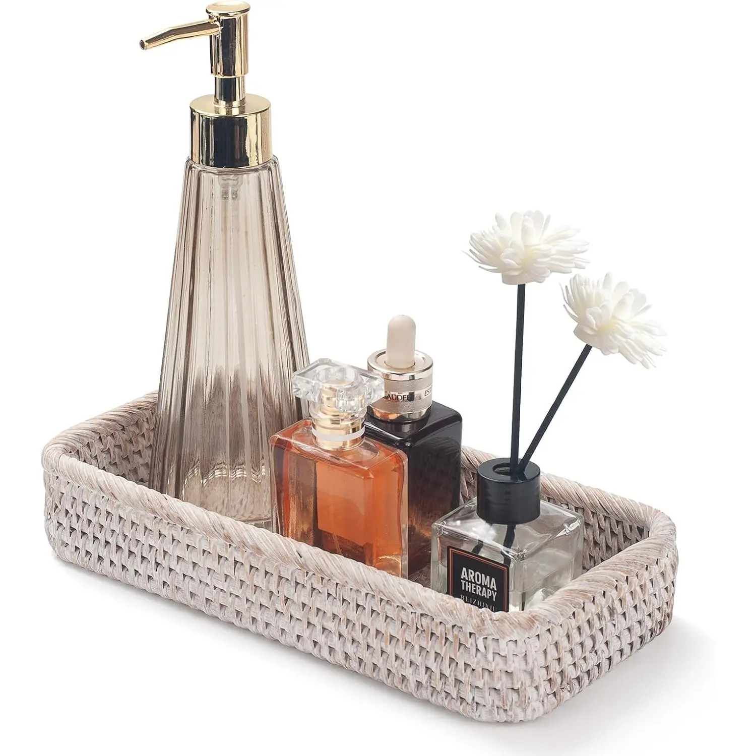 Rattan Bathroom Vanity Trays Toilet Tank Baskets Long Narrow Hand Towel Storage Basket for Storage Decorative Whitewash 10.2 x 4.9 x 1.6 inch