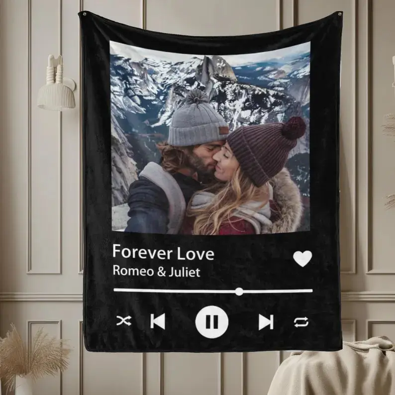 Personalized Spotify Music Blanket - Customized Cotton All-Seasons Throw with Your Photo & Favorite Song, Machine-Washable Gift for Couples, Birthday Recipients