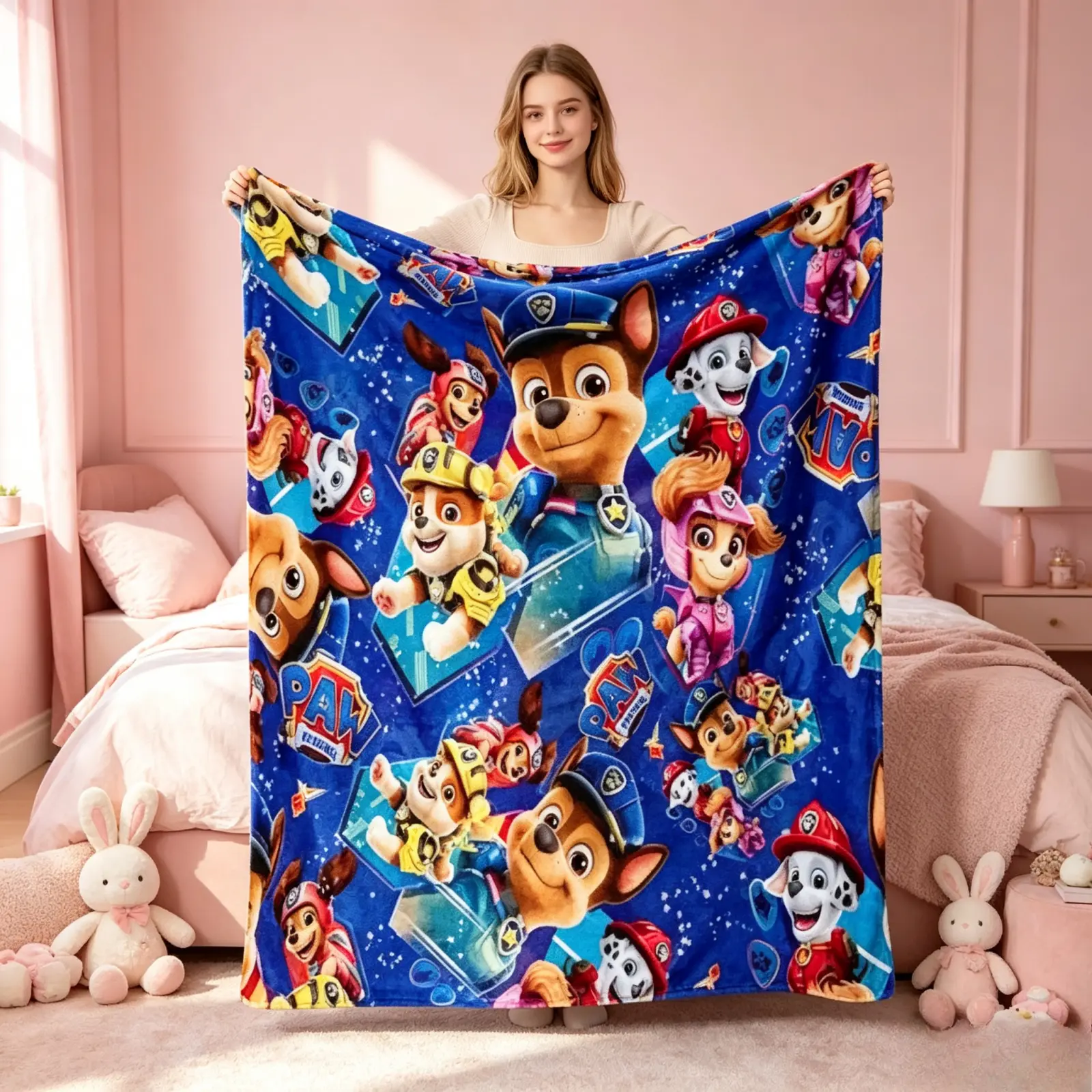 Paw Patrol Kids Flannel Throw Blanket, Blue Star Cartoon Puppy Collage Print Lightweight Cozy Plush Cover For Bed Sofa Travel All Seasons, Toddler Boys Girls Room Decor Gift For Birthday Christmas TikTok Viral Amazon Must Have