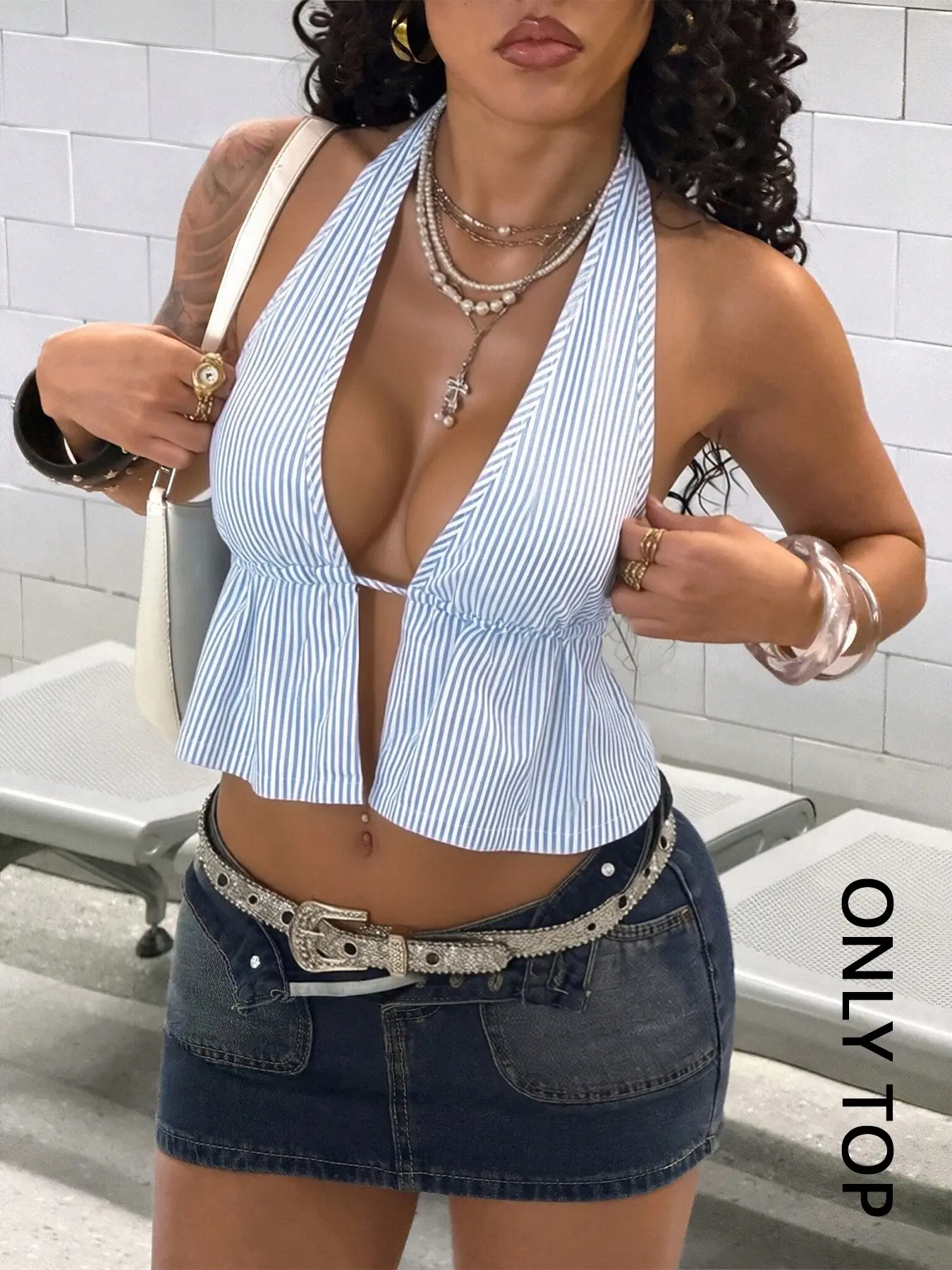 Women's Blue And White Vertical Striped Halter Crop Top, Deep V Cutout Backless Camisole With Peplum Hem, Perfect For Beach, Vacation, Daily And Street Outfits