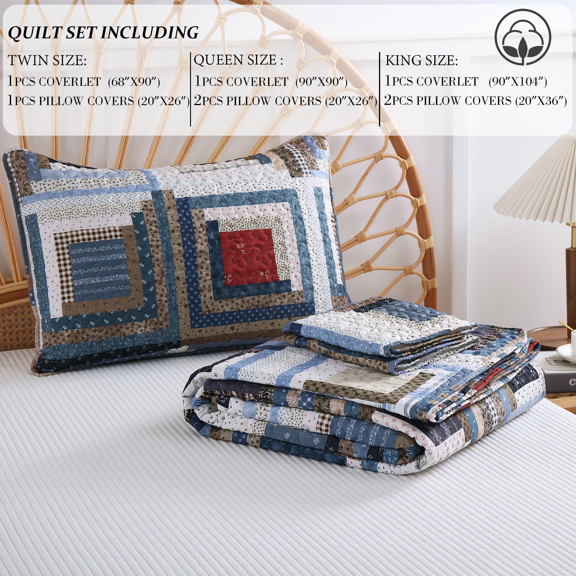 GREAGLE Quilt Set Queen Size, 3 Pieces Bedspread Coverlet Plaid Patchwork Quilt Farmhouse Queen Size Comforter Set Lightweight Bedding with 2 Pillow Covers Shams for All Season Gray Brown White cozy sheets