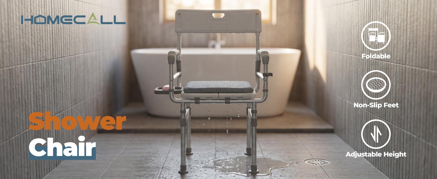 Folding Shower Chair for Inside Shower, Tub and 440lb Weight Capacity - Foldable Shower Chair for Elderly and Disabled - Shower Seat with Arms, Back, Cushion and Shelf